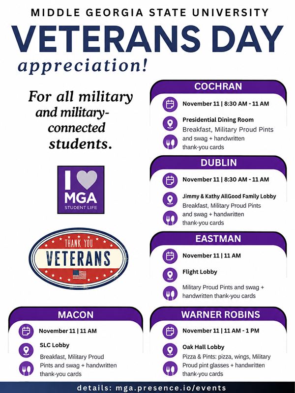 Flyer for Middle Georgia State University Veterans Day Appreciation events across five campuses on November 11.